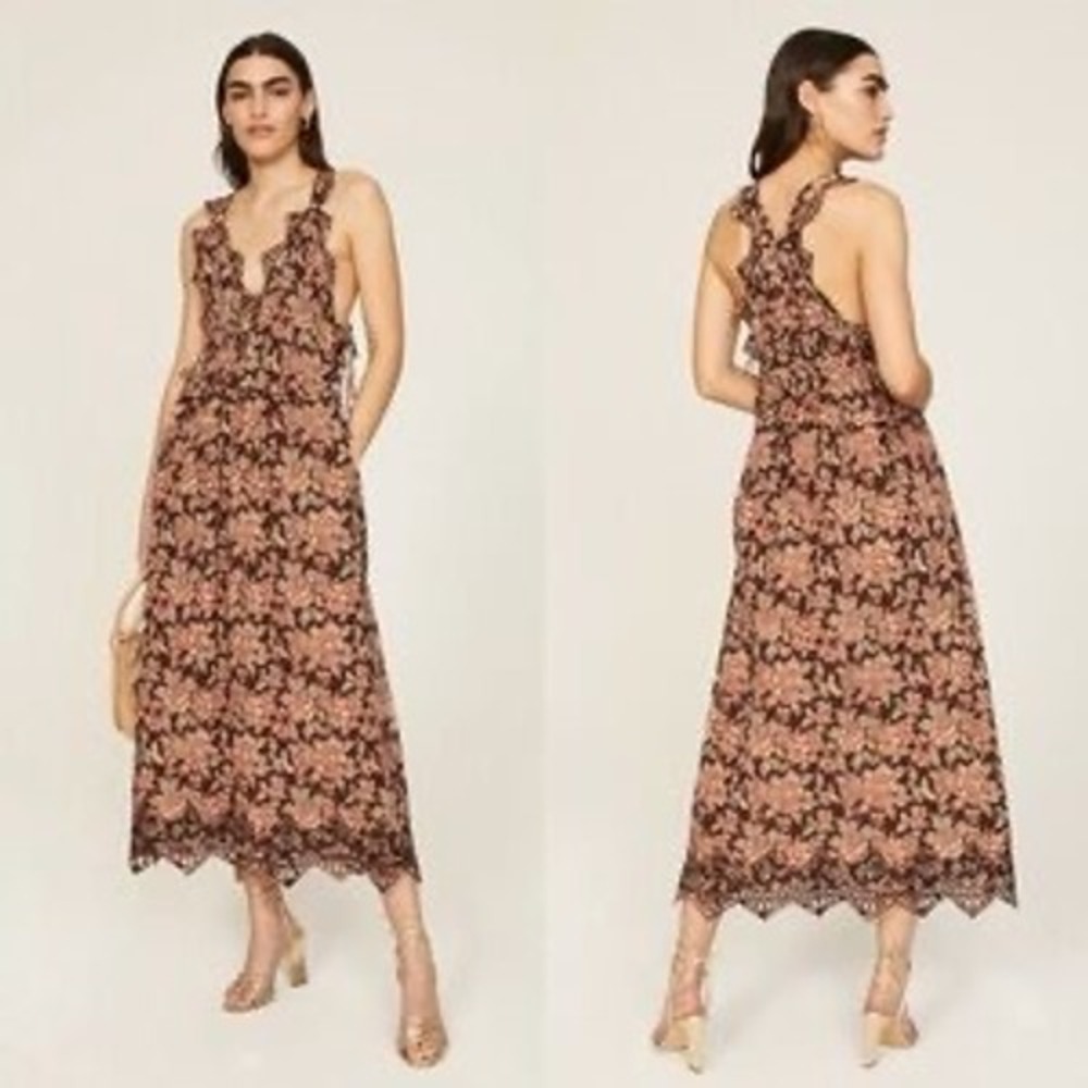 Sea New York Emilia Brown Floral Eyelet Midi Dress Size Small